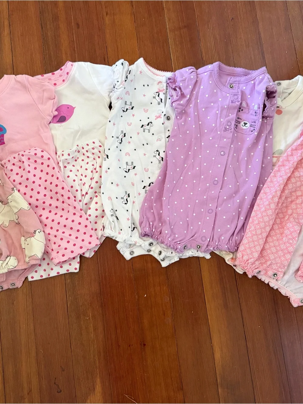 9 Baby Girls Pink and Lavender Polka Dot Pajama Rompers and sets
